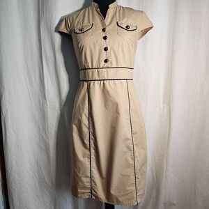 Merona Fitted Cotton A-Line Dress in Neutral Tan w Navy Blue Trim sz 2